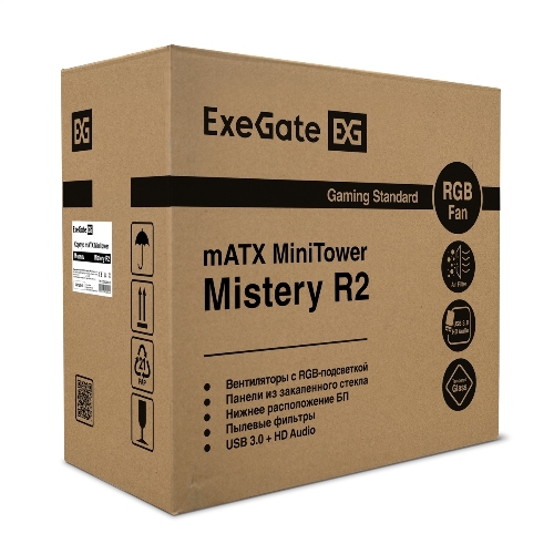 Компьютерный корпус Minitower ExeGate EX294384RUS Mistery R2 (mATX, без БП, 2*USB+1*USB 3.0, аудио, черный, 1 вент. 12см с RGb подсветкой и полоса на передней панели, боковая панель - закаленное стекло)