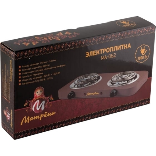 Плита настольная электрическая Матрена МА-062 коричневый, 2 кВт, ТЭН, конфорки - 2, эмаль, поворотные переключатели