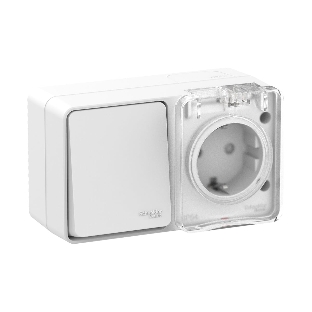 Блок ОП AtlasDesign Profi54 розетка 16А 250В с заземл. защ. шторки + 1-кл. выключатель 10А IP54 бел. SchE
