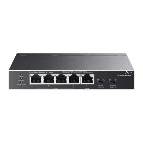 Коммутатор настольный TP-Link TL-SG1005P-PD с 5 гиг. портами (1 порт с входящим PoE++, 4 порта с исходящим PoE+), бюджет PoE: 9, 21, 47 или 66 Вт (зависит от используемого стандарта входящего PoE)