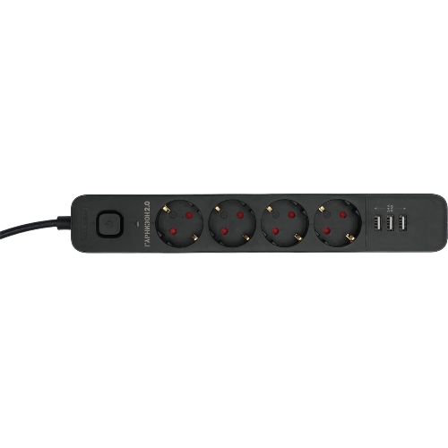 Сетевой фильтр Гарнизон 2.0 Мультипорт EPS-4-U3-B-2, 4 р, 10А, 3xUSB, 2 м, ур.защиты 2+, черный, пакет