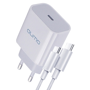 Сетевое зарядное устройство Qumo Energy light PD 20Вт, (модель 0105), USB Type-C PD, + кабель 1м. Type-C на Type-C, белый