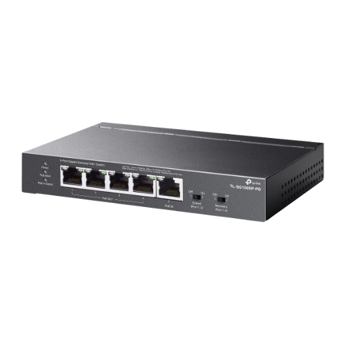 Коммутатор настольный TP-Link TL-SG1005P-PD с 5 гиг. портами (1 порт с входящим PoE++, 4 порта с исходящим PoE+), бюджет PoE: 9, 21, 47 или 66 Вт (зависит от используемого стандарта входящего PoE)