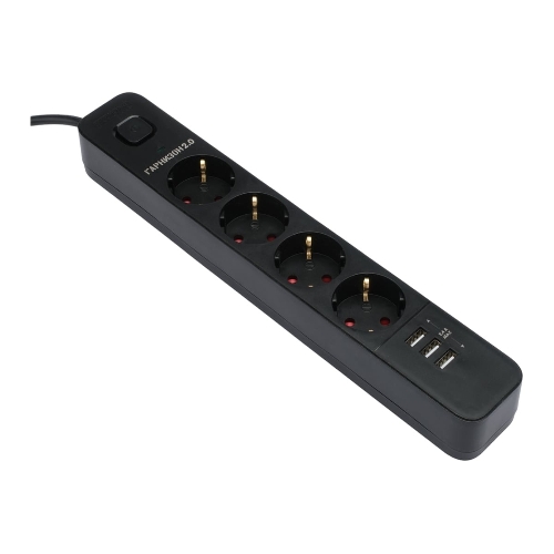 Сетевой фильтр Гарнизон 2.0 Мультипорт EPS-4-U3-B-2, 4 р, 10А, 3xUSB, 2 м, ур.защиты 2+, черный, пакет