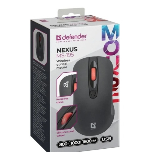Мышь беспроводная Defender Nexus MS-195 черный, 1600 dpi, радиоканал, USB, кнопки - 4