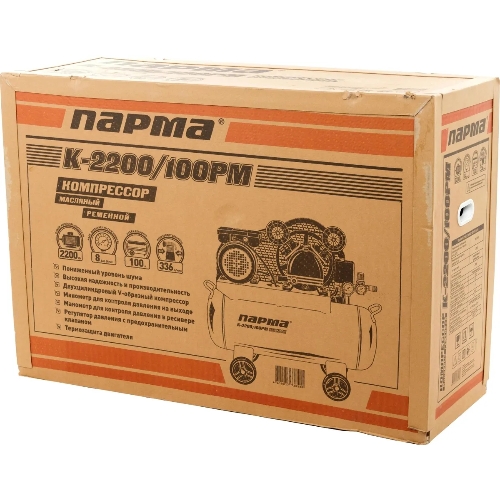Компрессор поршневой Парма K-2200/100РМ масляный, 336 л/мин, 100 л, 2200 Вт, серый/черный