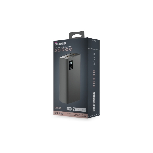 Портативный аккумулятор OLMIO QR-30, 30000mAh, 22.5W, QuickCharge3.0/PowerDelivery, LCD, серый