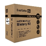 Компьютерный корпус Minitower ExeGate Mistery R2-NPX400 (mATX, БП 400NPX с вент. 12 см, 2*USB+1*USB 3.0, аудио, черный, 1 вент. 12см с RGb подсветкой и полоса на передней панели, боковая панель - закаленное стекло)