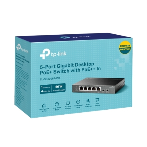Коммутатор настольный TP-Link TL-SG1005P-PD с 5 гиг. портами (1 порт с входящим PoE++, 4 порта с исходящим PoE+), бюджет PoE: 9, 21, 47 или 66 Вт (зависит от используемого стандарта входящего PoE)