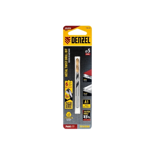 Сверло спиральное по металлу Denzel 5 x 86мм, Р6М5, Golden Tip, многогранная заточка