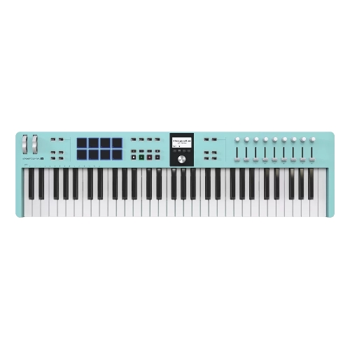 Клавиатура MIDI 231534 Arturia KeyLab Essential 61 mk3 Aquamarine 61 клавиша, LCD дисплей, 9 энкодеров, 8 пэдов, 9 фейдеров, 12 кнопок управления, колеса высоты тона и модуляции, 1/4
