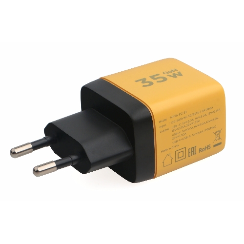 Сетевое зарядное устройство с дисплеем Cablexpert MP3A-PC-53, 35Вт GaN, QC3.0/PD3.0, 1хUSB, 1хType-C, желтый, коробка