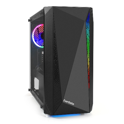 Компьютерный корпус Minitower ExeGate Mistery R2-NPX400 (mATX, БП 400NPX с вент. 12 см, 2*USB+1*USB 3.0, аудио, черный, 1 вент. 12см с RGb подсветкой и полоса на передней панели, боковая панель - закаленное стекло)