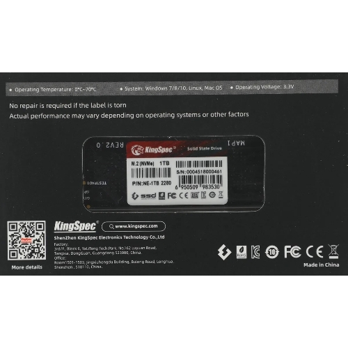 Накопитель SSD KingSpec NE-1Tb, 1Tb, PCIe 3.0 x4, M.2 2280, NVMe, R/W 2400/1900