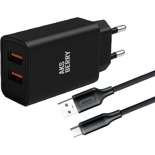 Сетевое зарядное устройство AKSBERRY (6900209230014) T38 2 USB 2.4A + кабель Type C, черный