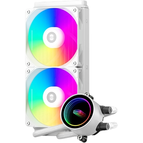 Система охлаждения PCCooler DA240 ARGB WH (270W, 240мм, белый, ARGB/ Fans: 2x120мм, 73.6CFM, -dBA, 1800RPM/ Pump height 55мм, -dBA, 3000RPM, Rad thickness 27мм/ S: 1851, 1700, 1200, 20XX, 115X, AM5, AM4)