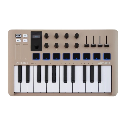 Клавиатура MIDI 231508 Arturia MiniLAB 3 Champagne 25 клавиш, 8 энкодеров, 8 RGb пэдов, 8 фейдеров, дисплей, сенсорные регуляторы Pitch/Modulation, MIDI-выход, 1/4