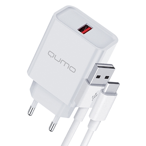 Сетевое зарядное устройство Qumo Energy light 18Вт, (модель 0107), порт: USB-A, + кабель 1м. USB-A на USB Type-C, белый
