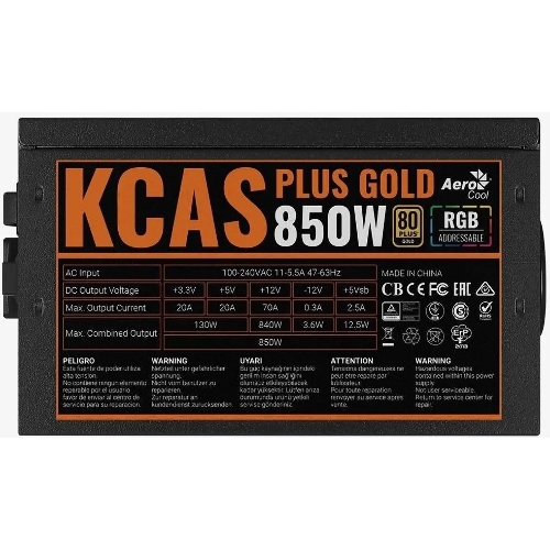 Блок питания Aerocool/Formula KCAS PLUS GOLD 850W (850W, ATX v2.4, APFC, Fan ARGB 12cm, 80+ Gold, Retail)