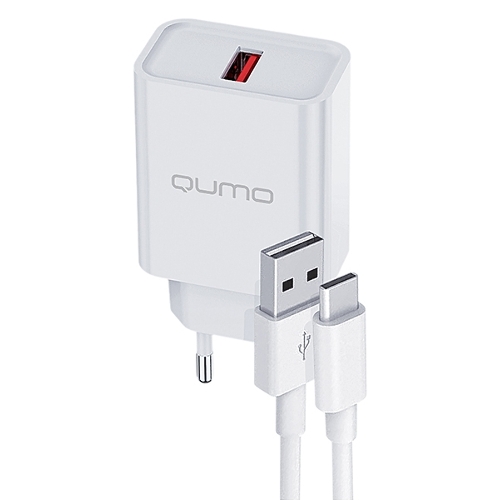 Сетевое зарядное устройство Qumo Energy light 18Вт, (модель 0107), порт: USB-A, + кабель 1м. USB-A на USB Type-C, белый