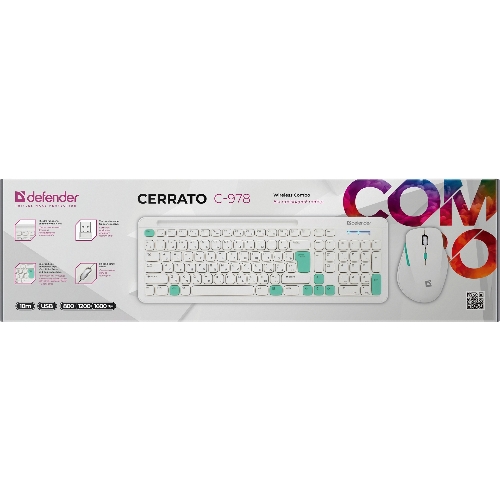 Комплект клавиатура+мышь Defender Cerrato C-978 беспроводной, USB, 1600 DPI, белый/голубой