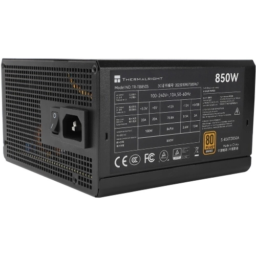 Блок питания Thermalright TR-TB850S 850W 80 PLUS Bronze, (ATX, 3, PCIe 5.0, Non-modular, 1x24(20+4)pin 550мм, 1xCPU*2 8(4+4)pin 600+150мм, 1xPCIe*2 8(6+2)pin 500+150мм, 1x12VHPWR PCIe 5.0 12+4pin 600мм, 1xSATA*3+MOLEX4pin*1 400+150+150+150мм, 1xSATA*2+MOLEX4pin*2 400+150+150+150мм, Active, 120x120мм, 150x140x86mm, APFC,)