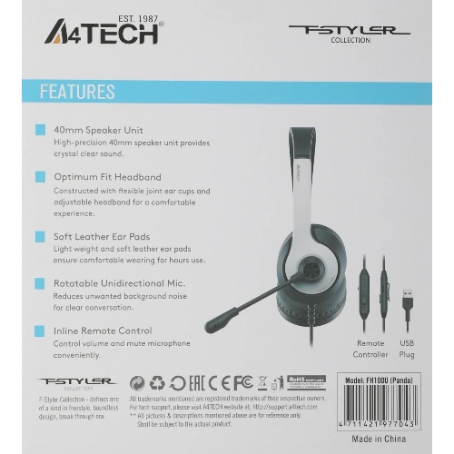 Гарнитура A4Tech Fstyler FH100U белый/черный, проводная