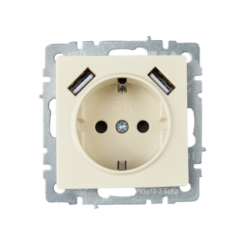 Розетка 1-местная IEK BRITE РЮш10-2-БрКр (BR-R14-16-U21-D31-K10) с заземлением, с защитными шторками, 16А, с USB A+A 5В 3,1А, бежевый