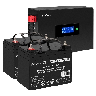 Комплект Источник бесперебойного питания EX295994RUS + батарея 33Aч EX282974RUS 2шт (инвертор, синус, для котла, PF=1, настенный) ExeGate IdealSine SR-1500.LCD.2SH 1500VA/1500W, чистая синусоида, цветной LCD-дисплей, 2*Schuko, крепление настенное, черный + батарея ExeGate DT 1233 (12В, 33А·ч) 2шт