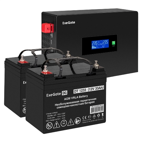 Комплект Источник бесперебойного питания EX295994RUS + батарея 33Aч EX282974RUS 2шт (инвертор, синус, для котла, PF=1, настенный) ExeGate IdealSine SR-1500.LCD.2SH 1500VA/1500W, чистая синусоида, цветной LCD-дисплей, 2*Schuko, крепление настенное, черный + батарея ExeGate DT 1233 (12В, 33А·ч) 2шт