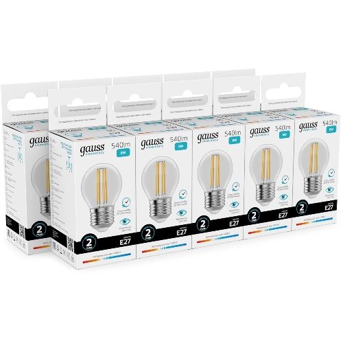 Лампа светодиодная филаментная Gauss Filament 8Вт цок.: E27 шар св. свеч. бел. нейт. (упак.: 10 шт)