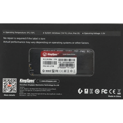 Накопитель SSD KingSpec NX-2Tb, 2000Gb, PCIe 3.0 x4, M.2 2280, NVMe, R/W 3400/3100
