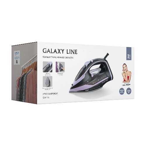Утюг Galaxy Line GL 6135, черный с лиловым, паровой с помпой, 3200 Вт, постоянный пар 90 г/мин, паровой удар 260 г/мин, функции: самоочистка, антинакипь, автоотключение, вертикальное отпаривание, LED-дисплей, встроеный парогенератор, защита от перегрева, керамическое покрытие подошвы, резервуар для воды 350 мл