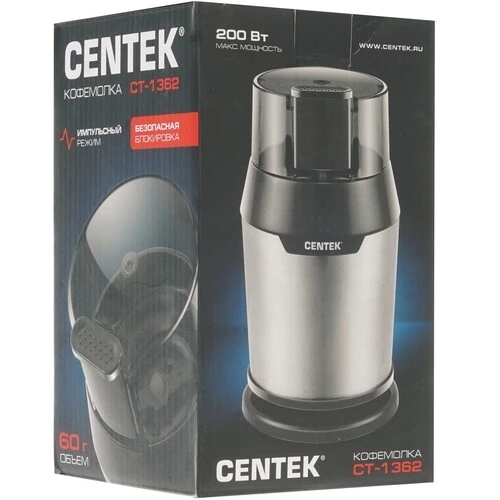 Кофемолка Centek CT-1362 (сталь) 200Вт, 60гр, стальн стакан, стальн чаша, прозрачная крышка