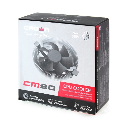 Кулер для процессора Crown CM-80 v2 серебристый/черный, 75 мм, алюминий, 2200 об/мин, 22 дБ, 3 pin, 65 Вт, 42 мм