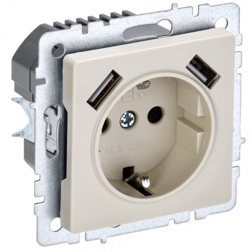Розетка 1-местная IEK BRITE РЮш10-2-БрКр (BR-R14-16-U21-D31-K10) с заземлением, с защитными шторками, 16А, с USB A+A 5В 3,1А, бежевый