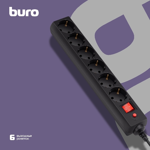 Сетевой фильтр Buro 600SH-16-1.8-B 1.8 м, 6 розеток, черный, коробка