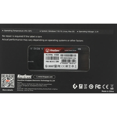 Накопитель SSD KingSpec NE-512, 512Gb, M.2 2280, PCIe 3.0 x4, NVMe, R/W 2400/1700