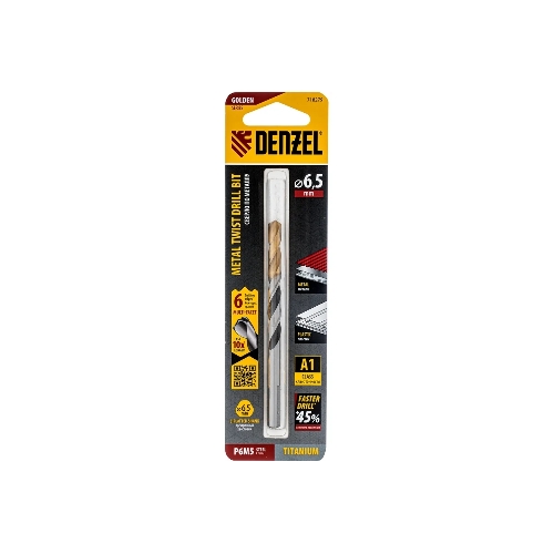 Сверло спиральное по металлу Denzel 6,5 x 93мм, Р6М5, Golden Tip, многогранная заточка