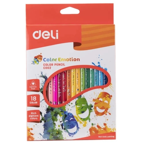 Карандаши цветные Deli Color Emotion EC00210, трехгранный профиль, липа, 18 цветов, коробка с европодвесом