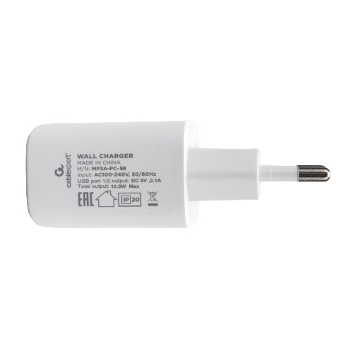 Сетевое зарядное устройство Cablexpert MP3A-PC-58, 10.5Вт, 2.1А, 2хUSB, белый, пакет