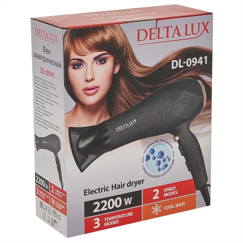 Фен DELTA LUX DL-0941 черный/розовый, 2200 Вт, ионизация