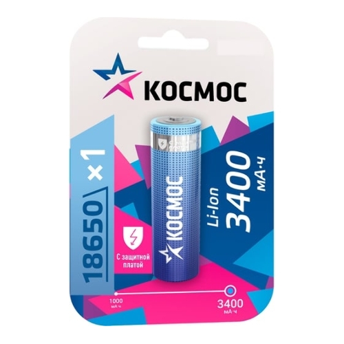 Аккумулятор Li-ion 18650 3400 мАч с защитой (блист.1шт) Космос KOC18650Li-ion34PBL1