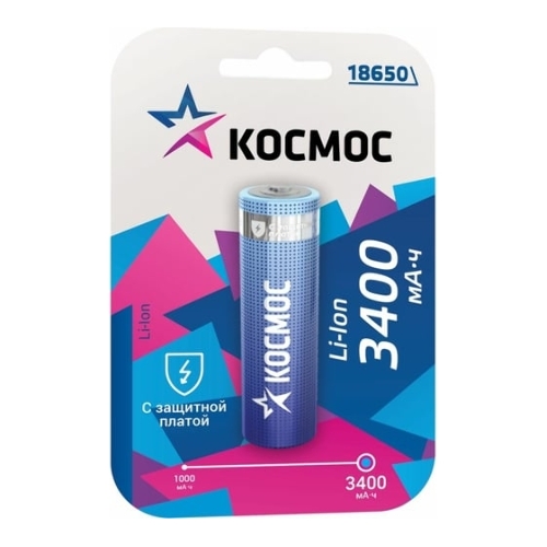 Аккумулятор Li-ion 18650 3400 мАч с защитой (блист.1шт) Космос KOC18650Li-ion34PBL1