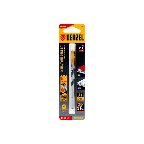 Сверло спиральное по металлу Denzel 7,0 x 109мм, Р6М5, Golden Tip, многогранная заточка