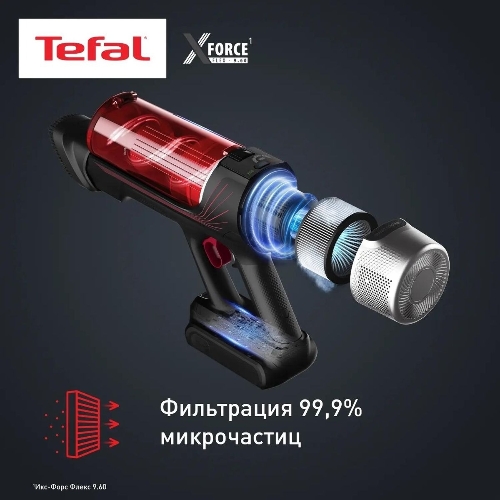 Пылесос вертикальный Tefal X-Force Flex TY2079WO черный/красный, питание от аккумулятора, 100 Вт, уборка сухая, пылесборник 0.4 л