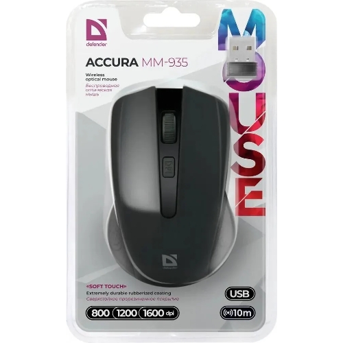 Мышь беспроводная Defender Accura MM-935 черный, 1600 dpi, радиоканал, USB, кнопки - 4