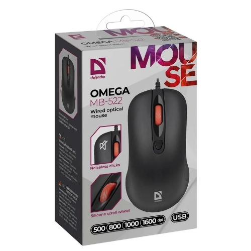 Мышь проводная Defender Omega MB-522 черный, 1600 dpi, USB, кнопки - 4