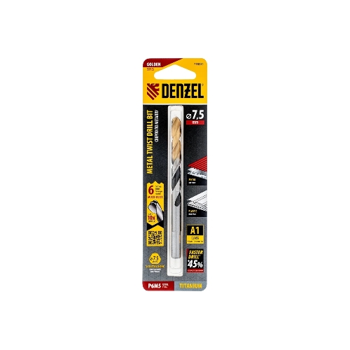 Сверло спиральное по металлу Denzel 7,5 x 109мм, Р6М5, Golden Tip, многогранная заточка