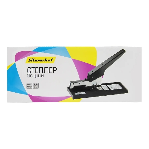 Степлер мощный Silwerhof 401080-01 23/6 23/8 23/10 23/13 23/15 23/17 23/20 23/23 (210 листов) черный, 100 скоб, закрытый/открытый, коробка